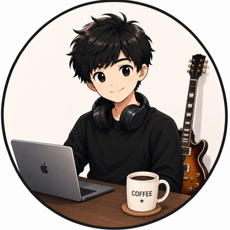 Illustrated avatar of HIROCK at his desk with a guitar